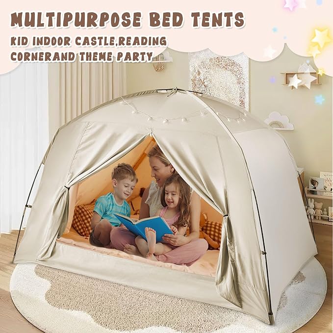 Bed Tents for Kids and Adult, Portable 100% Breathable and 93% Blackout Dream Play Tent, 3 Doors Big Privacy Space Sleeping Canopy for Indoor Floor or Twin Full Queen Sizes Bed (Khaki, Queen- Size)