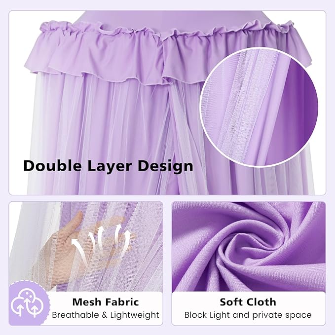 Bed Canopy with Star Lights, Double Layer Bed Canopy for Girls, Princess Canopy Bed Curtain for Twin Bed, Breathable Kids Dreamy Play Tent Castle Reading Nook, Machine Washable, 26''x125'' - Pruple