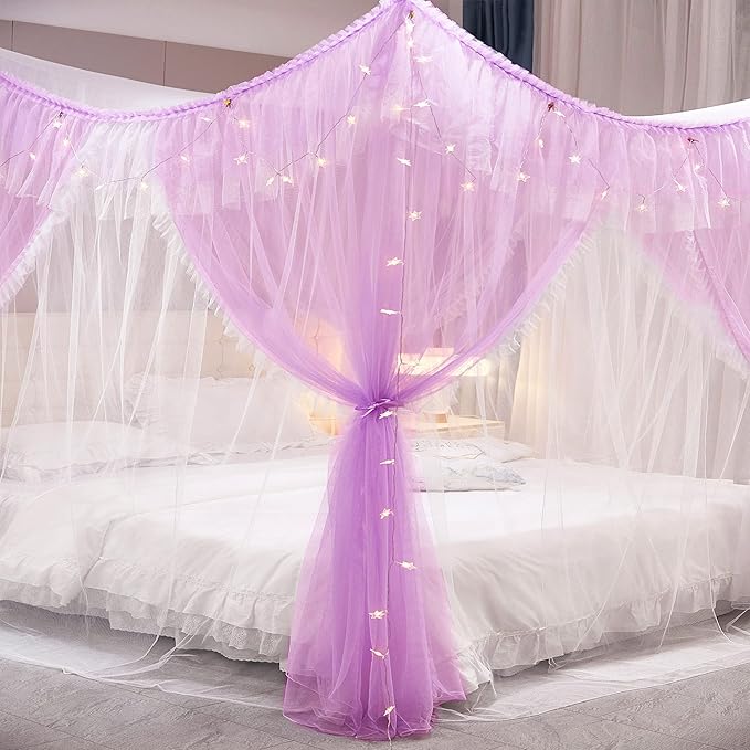 VETHIN 4 Corners Post Ruffle Princess Bed Canopy Curtain-Double Layer Cozy Drape Netting 4 Opening Mosquito Net for Girls Adults Bedroom Decoration (Double-Purple, 53" W*78" L*82"*H/(Full))