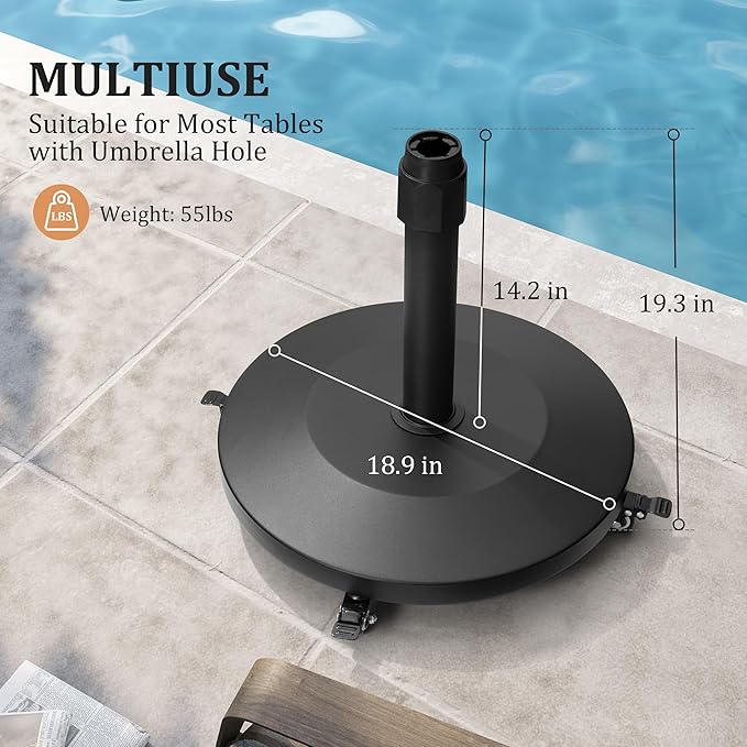Patio Umbrella Base with 4 Wheels, 55lbs Round Heavy Duty Concrete Stand for Outdoor Market Umbrella, Black