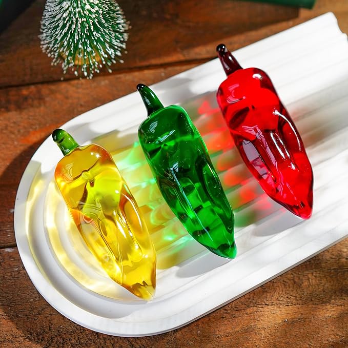 Set of 3 Glass Chili Miniature Figurines Fall Decorations for Home Crystal Fruits Vagetables Paperweights for Kitchen Tabletop Glass Christmas Centerpiece Decor