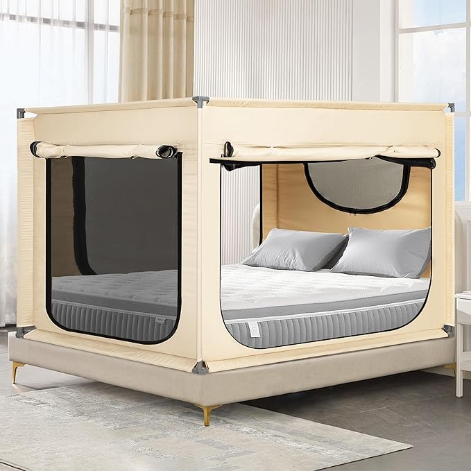 Bed Canopy Portable Blackout Bed Tent Privacy Tent for Adult Indoor Sleeping with 3 Doors, Storage Bag