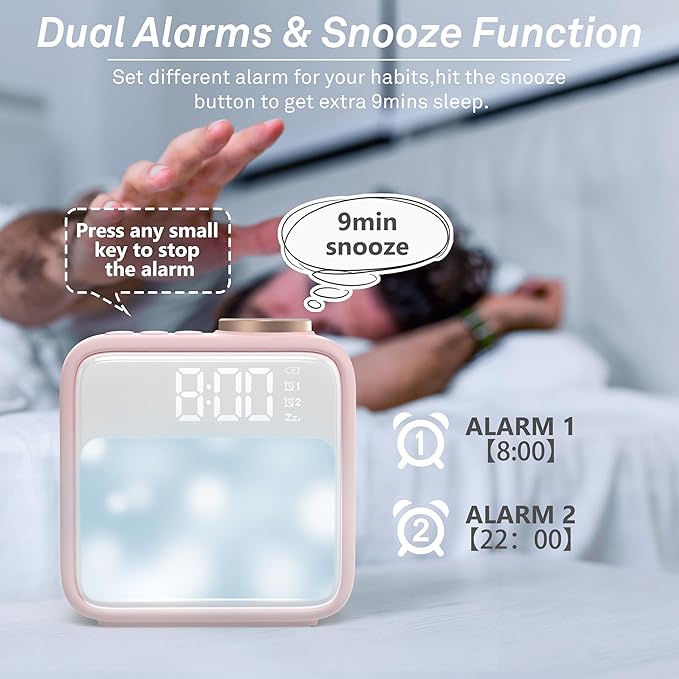 AIRIVO Alarm Clock Night Lights, Rechargeable Alarm Clock for Bedrooms, 6 Scenes & White Noise Sync, Dual Alarms & Snooze, for Heavy Sleepers, Gifts for Kids Teens (Pink)