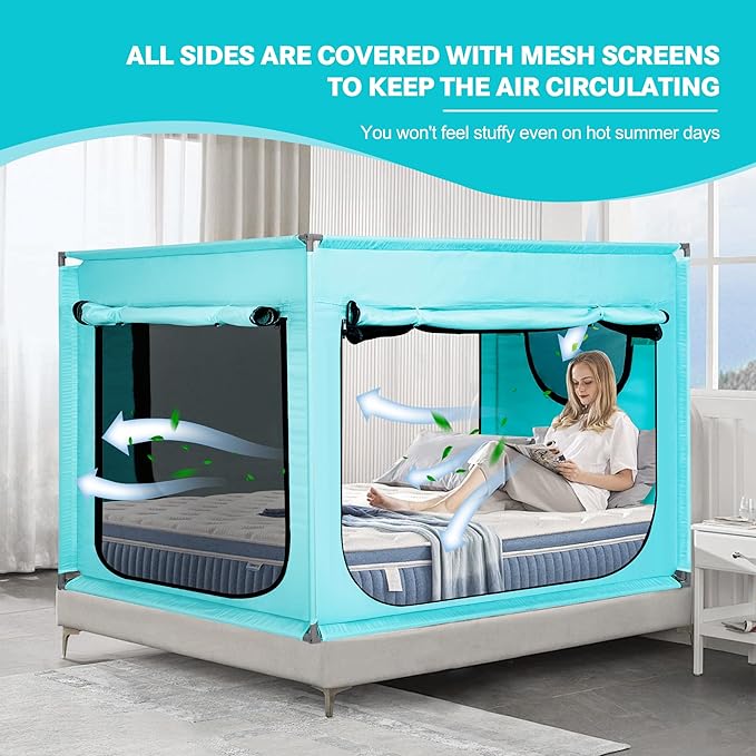 Bed Canopy Portable Blackout Bed Tent Privacy Tent for Adult Indoor Sleeping with 3 Doors, Storage Bag