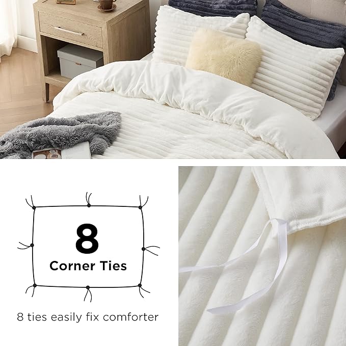 Bedsure Fluffy Duvet Cover Set - Ultra Soft Plush Shaggy Comforter Cover Queen Size, Warm Flannel Fleece Bed Sets for Winter, 3 Pieces (Striped Pattern, Coconut White)