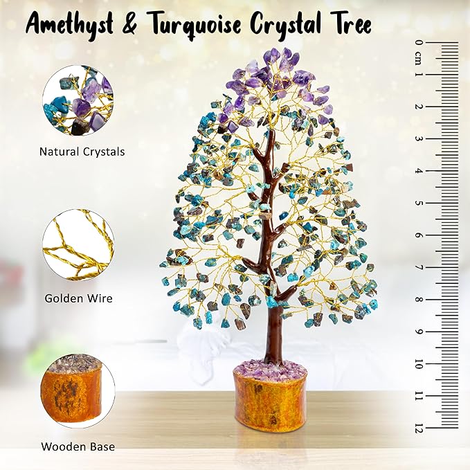 Amethyst & Turquoise Gemstone Tree, Crystal Tree of Life, Feng Shui Bonsai, Money Tree, Healing Tree - Home Decoration, Good Luck Figurine, Gem Tree for Positive Energy, Chakra Tree of Life, Gift
