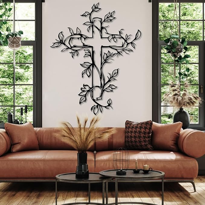 Hotuijxca Cross Metal Wall Art, Tree of Life Crosses Metal Wall Decor, Christianity Wall Art for Living Room, Bedroom(Black,39" x 31" / 100 x 80 cm)