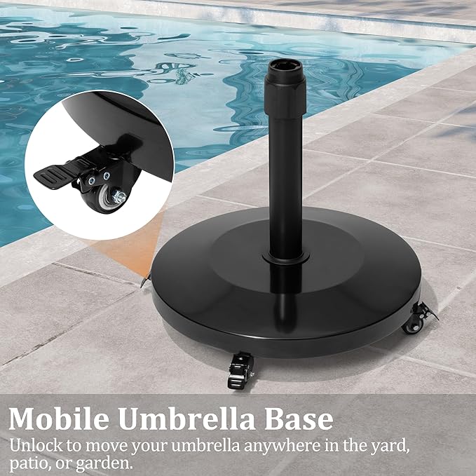 Patio Umbrella Base with 4 Wheels, 55lbs Round Heavy Duty Concrete Stand for Outdoor Market Umbrella, Black