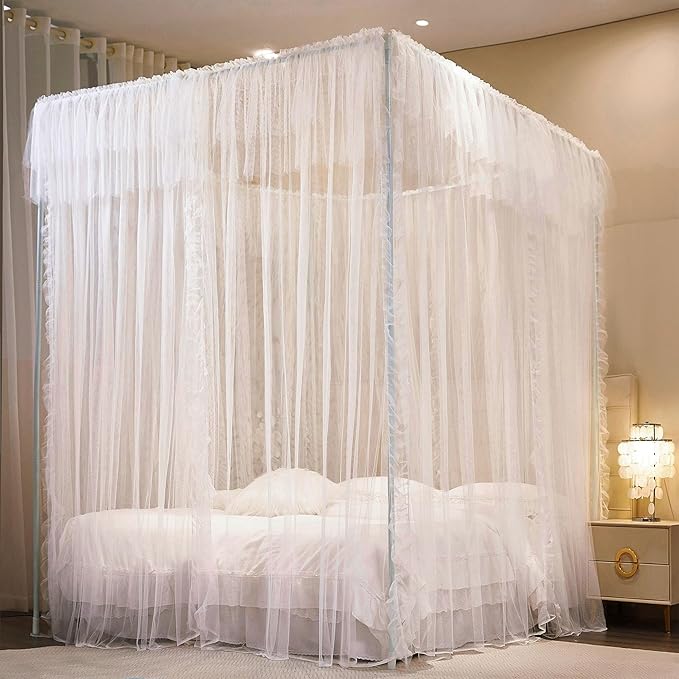 4 Corners Post Princess Curtains Bed Canopy for Girls 8 Panels Curtain- Double Layer Sheer Mesh Canopies Drapes Girls Room Decor (8P-White/White, 4P(27"x82") W+4P(40"x82") L/(Full))