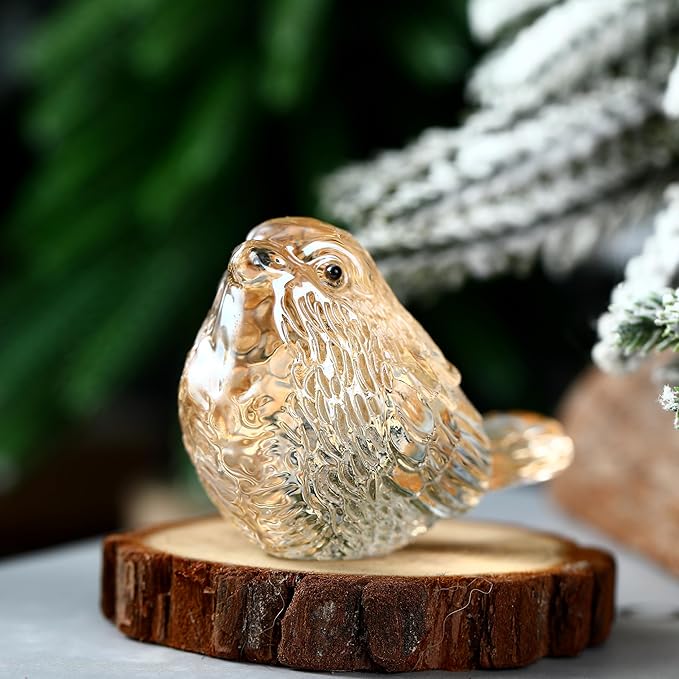 Crystal Glass Bird Figurines Glass Robin Bird Decoration Paperweight Hand Blown Glass Art Animal Collectible Figurines Gift for Women (Gold)