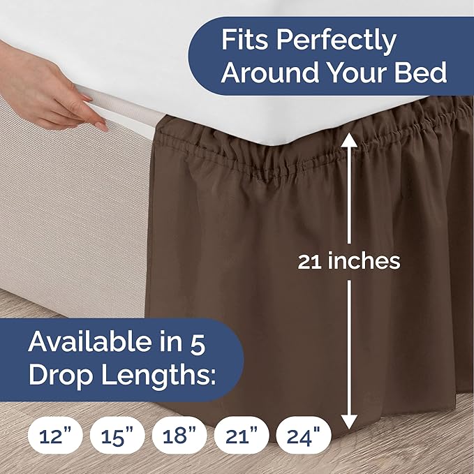 Wrap Around Dust Ruffle Bed Skirt - Brown - for King Size Beds with 21 Inch Drop - Easy Fit Elastic Strap - Adjustable Pleated Bedskirt w/Brushed Fabric - Wrinkle Free - for Women, Men, Kids & Teens