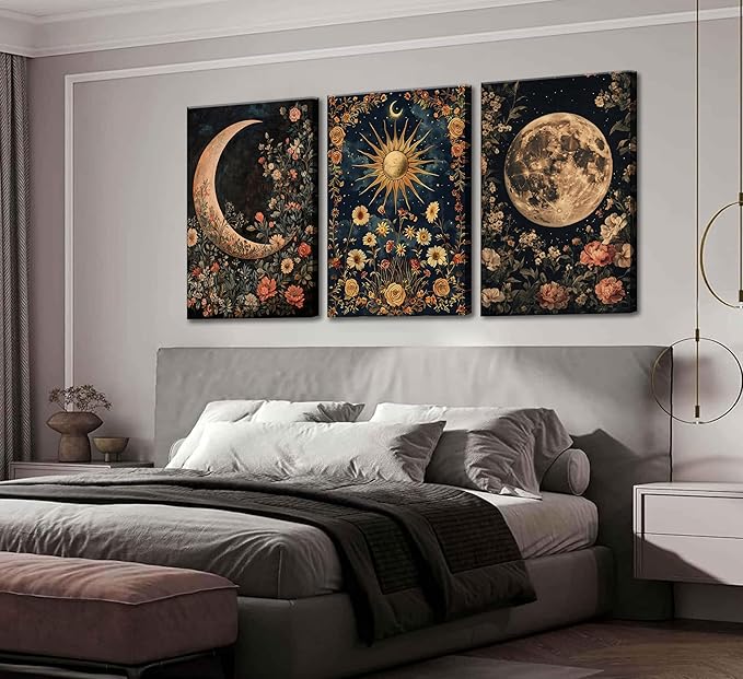 3Pcs Sun and Moon Celestial Canvas Wall Art Vintage Gothic Mystical Crescent Floral Plant Dark Academia Painting Picture Wall Decor Posters Print Artwork for Living Room Bedroom Decoration(24L" x 16W"-Canvas)