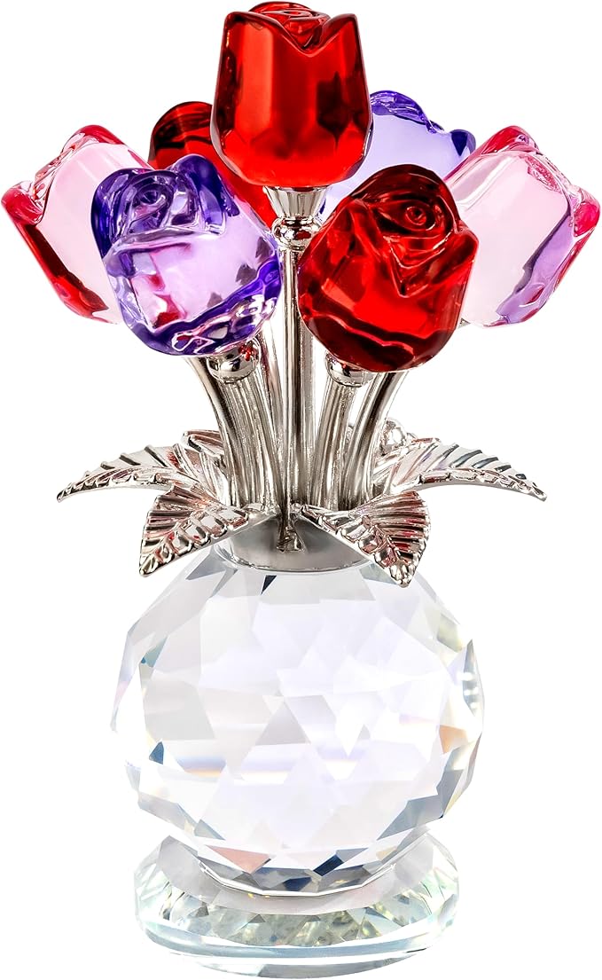 Crystal Rose Bouquet Flower Figurine Pink Purple and Red Flower Ornaments Gift for Lover