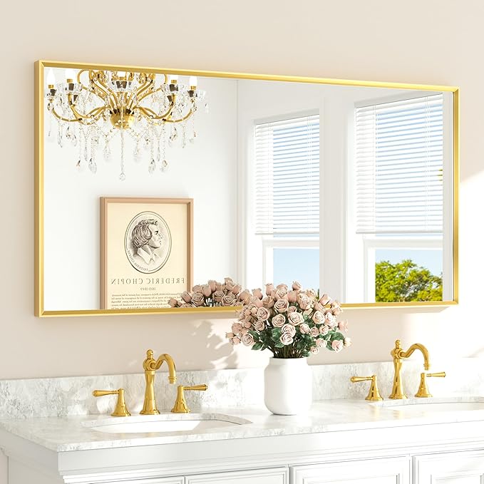 TETOTE Brushed Gold Mirror Beveled Frame 60" x 30" Large Brass Gold Rectangle Bathroom Vanity Wall Mirror for Over Sink, Modern Farmhouse, Tempered Glass, Shatterproof, Stronger Frame