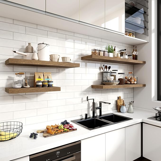 24 Inch Floating Shelves, 12 Inch Deep Floating Shelves for Wall, Floating Shelf with Invisible Brackets, Deep Shelves for Bathroom, Bedroom, Living Room, 2 Pack, Brown