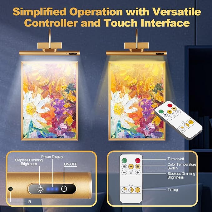 Dimmable Cordless Picture Light with Controller and Timer, Rechargeable 5000mAh Battery Wall Sconce for Wall Pictures, Gallery Artwork, Paintings, Portraits, Dartboards (Gold)