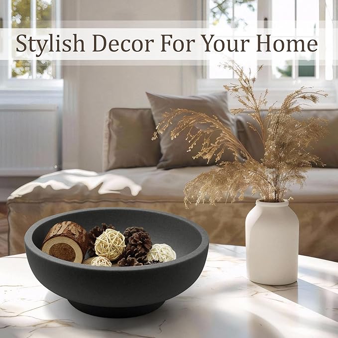 Large Decorative Bowl, Fruit Bowl for Kitchen Counter, Modern Resin Bowl for Home Decor, Key Holder for Entry Table, Artificial Stone Black