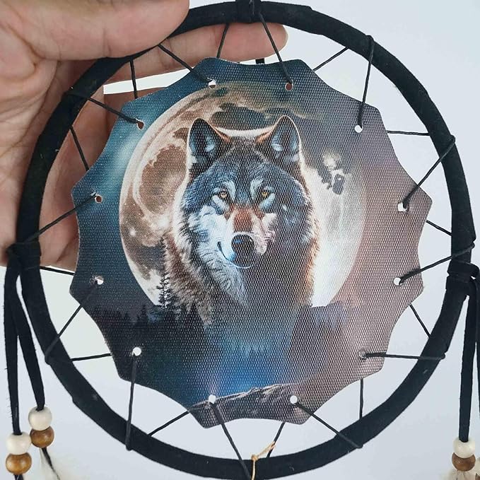 Remorelt Wolf Eagle Bear Dream Catcher Bedroom Wall Decor, Christmas Home Decoration, Room Accessory, White Moon Feather Decoration - Unique Home Craft Wall Pendant (DC24 6Inch Wolf W/Moon)