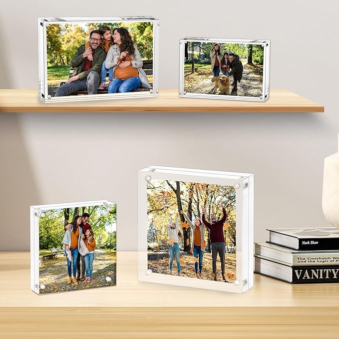 Acrylic Picture Frame 8x8-2 Pack, Clear Double Sided Frameless Photo Frame with Magnetic, Free Standing Desktop Acrylic Frame Display, Lucite Frame with Gift Box Package, 12+12mm Thickness