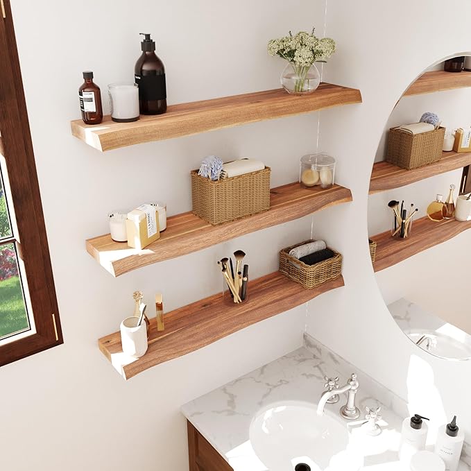 36" Acacia Live Edge Floating Shelves Set of 2 - Wall Mounted Wooden Shelf for Stylish Home Décor - Teak Look Color 36x7.5x1.5 Inches