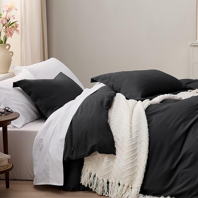 Bedsure Black Duvet Cover Twin/Twin XL Size - 2 Pieces Prewashed Cotton-Like Extra Soft Bedding Set, Includes 1 Twin Duvet Cover 68x90 Inches with Zipper Closure & 1 Pillow Sham, No Comforter