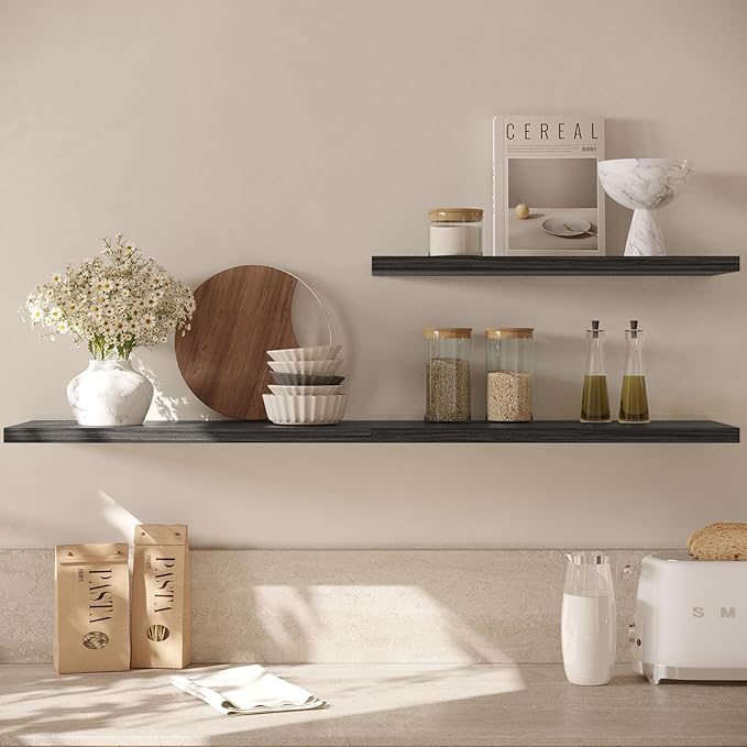 Wall Shelf Set of 2,Dark Wood Floating Shelves 36 in W x 10 in D x 1 in H, Wooden Floating Wall Shelf with Invisible Brackets for Living Room/Bedroom/Bathroom/Kitchen Storage and Decor