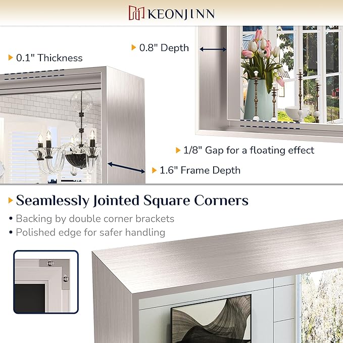 Keonjinn 48 x 36 In Brushed Nickel Bathroom Mirror, Rectangular Metal Framed Wall Vanity Mirror for Over Sink Square Corner Aluminum Alloy Modern Farmhouse Rectangle Silver Mirror(Horizontal/Vertical)
