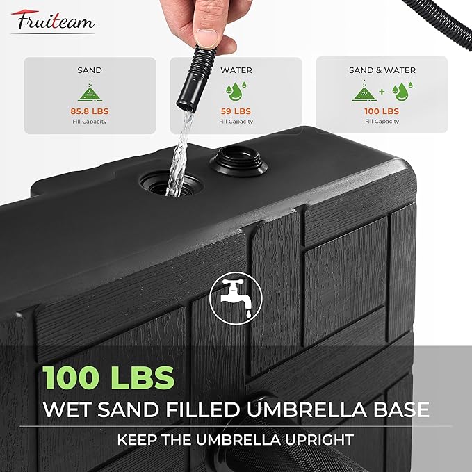 FRUITEAM Fillable Mobile Umbrella Base, 100 LBS Patio Umbrella Weight Base Heavy-Duty,Plastic Base Water & Sand Filled Umbrella Stand Holder with 4 Wheels, Easy to Move
