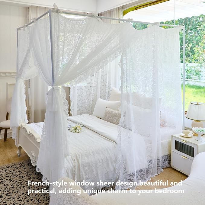 AIKASY Elegant Lace Princess 4-Poster Bed Canopy Mosquito Net - Romantic Wedding Bridal Bedroom Decor, Kids Room Bed Curtain for Women Adults - (White-3,Full)