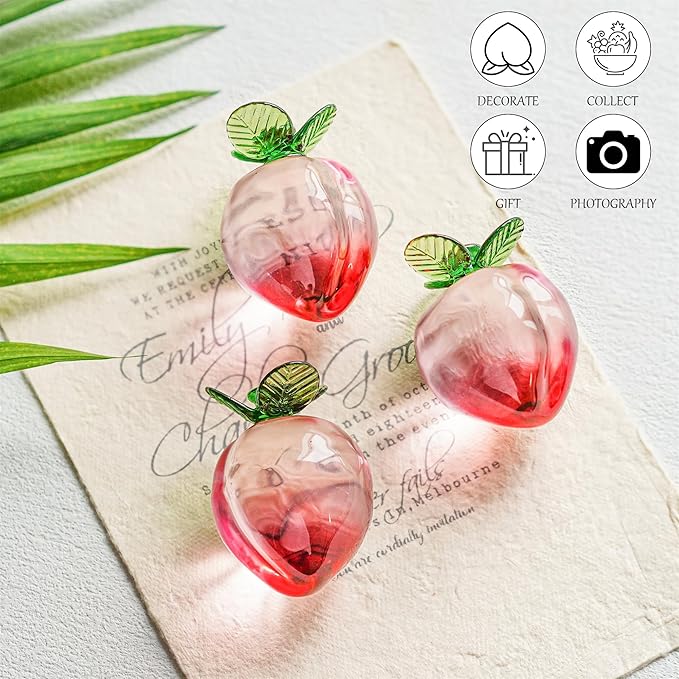 Glass Fruits Decor Crystal Fruit Peach Figurines Collectibles for Office Tabletop Centerpiece Art Glass Paperweights Crystal Decoration for Home Kitchen