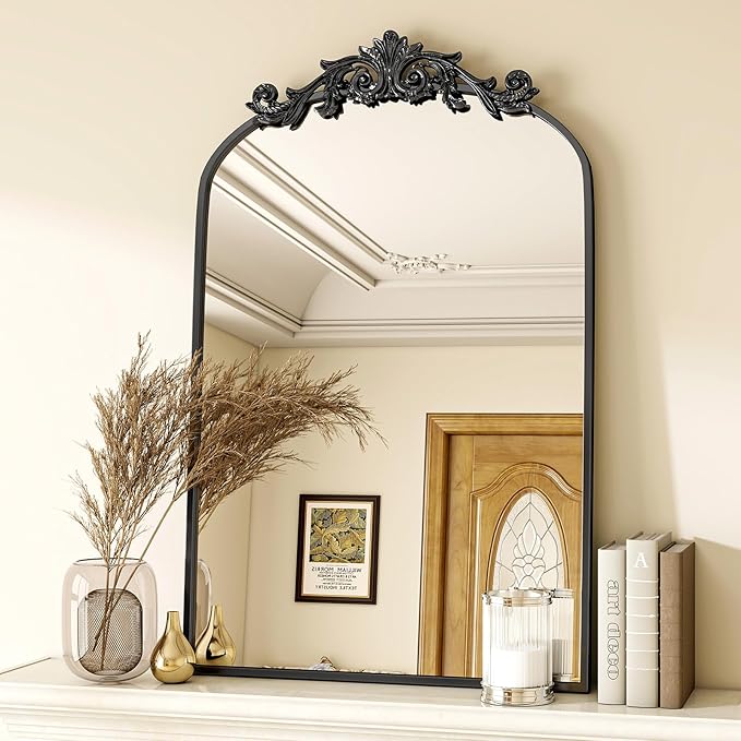 VooBang Vintage Arched Bathroom Mirror, 24x36 Inch Retro Wall Mounted Vanity Mirror with Carved Pattern Top and Metal Frame, Black Decorative Mirror for Hanging or Leaning