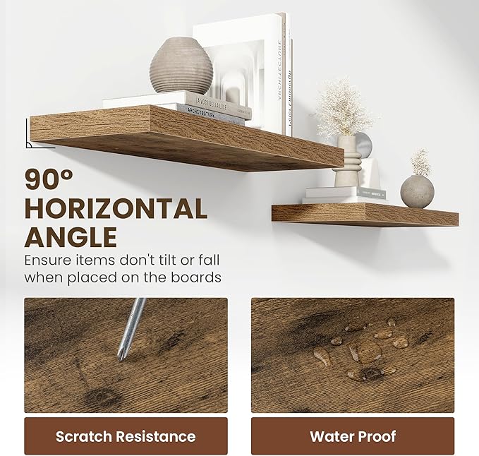 36 Inch Floating Shelves, 12 Inch Deep Floating Shelves for Wall, Floating Shelf with Invisible Brackets, Deep Shelves for Bathroom, Bedroom, Living Room, 2 Pack, Brown