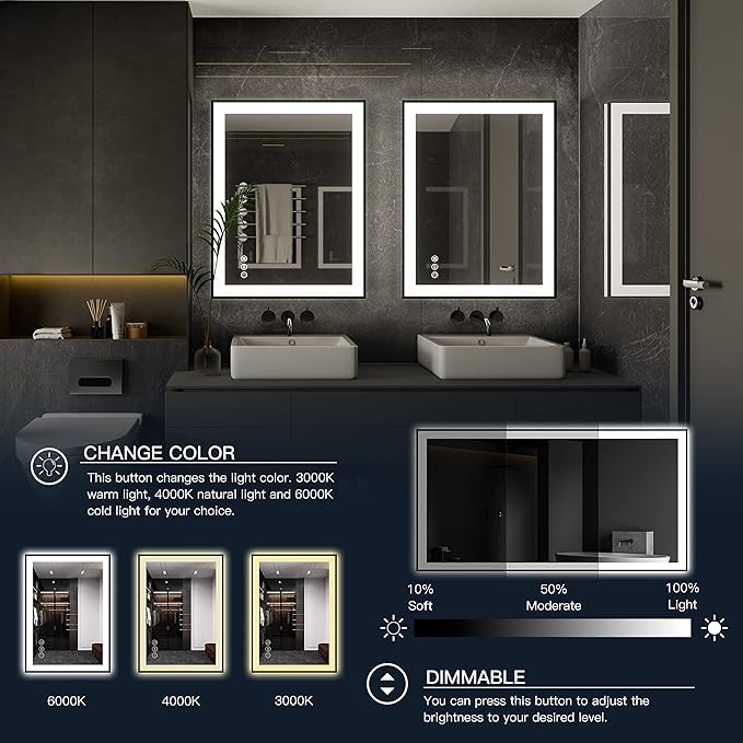 ISKM Framed LED Mirror for Bathroom 55"x30", Dimmable LED Bathroom Mirror with Lights, Anti-Fog, Front and Backlit Lighted Mirror 3-Colors, Shatterproof, Memory Function