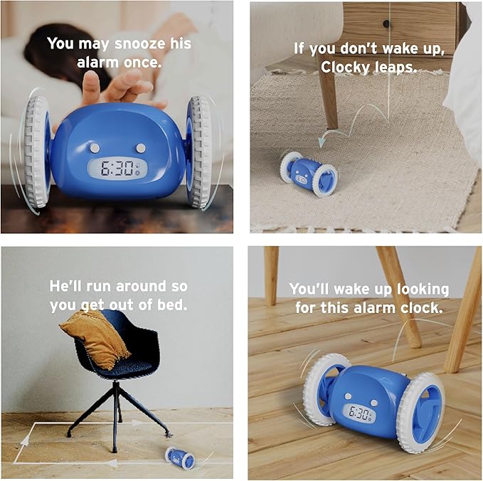 CLOCKY Extra Loud Alarm Clock for Heavy Sleepers on Wheels Rolls Runs Away Vibrating Easy to Set Super Smart Snooze Digital Bed Shaker Alarm Clock Funny Gift for Adults Kids Teens Bedrooms (Blue)