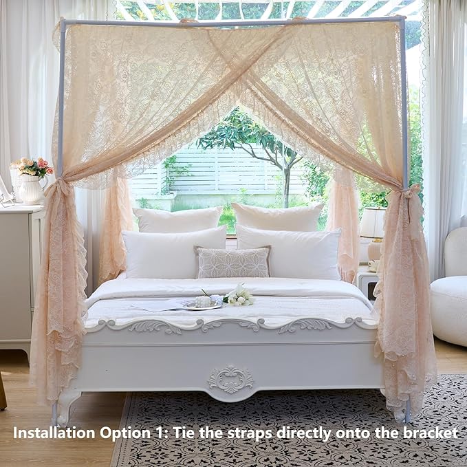 AIKASY Elegant Lace Princess 4-Poster Bed Canopy Mosquito Net - Romantic Wedding Bridal Bedroom Decor, Kids Room Bed Curtain for Women Adults - (Cream-1,Full)