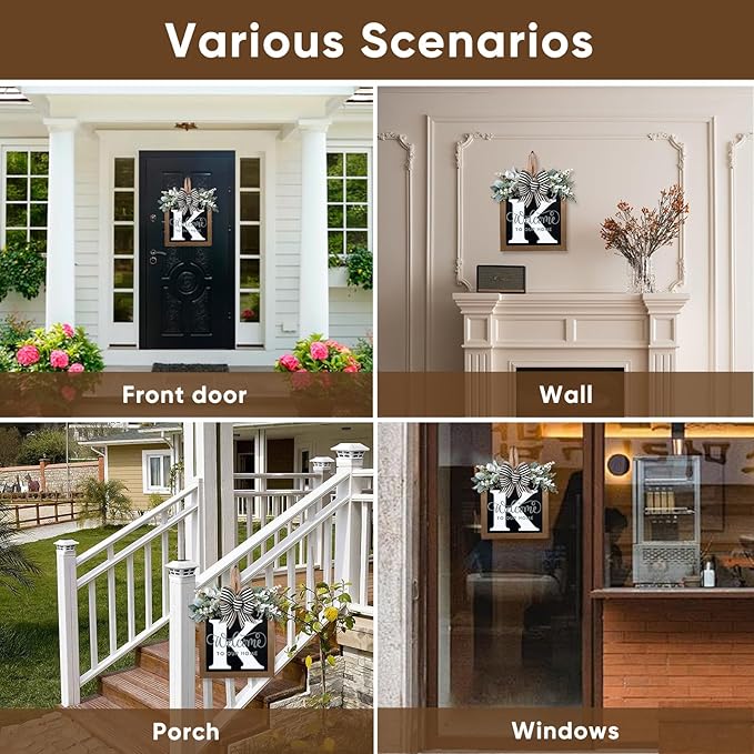 Ultra Large 14'' Last Name All Year Round Front Door Wreath with 26 Initial Letter Welcome Sign All Seasons Eucalyptus Garland and Bow Wreaths for Front Door Porch Farmhouse Decoration (K)