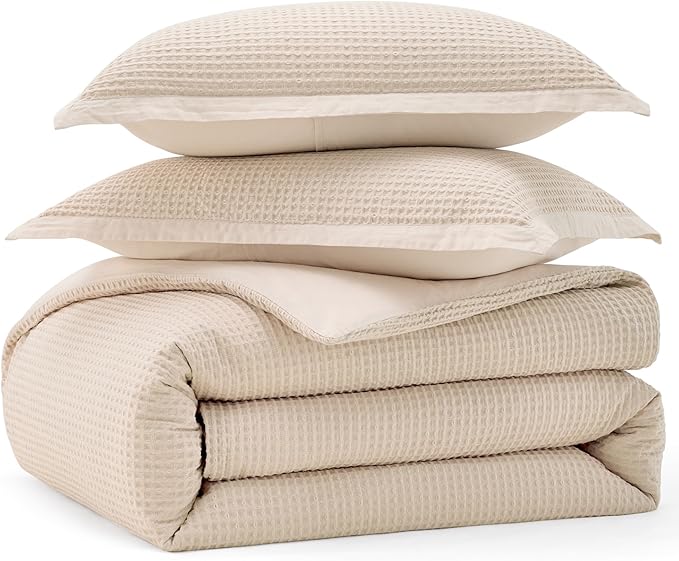 Bedsure Cotton Duvet Cover Set - 100% Cotton Waffle Weave Beige Duvet Cover Oversized King Size, GentleSoft™ and Breathable Bedding Set for All Season, 3 Pieces, 120"x98"