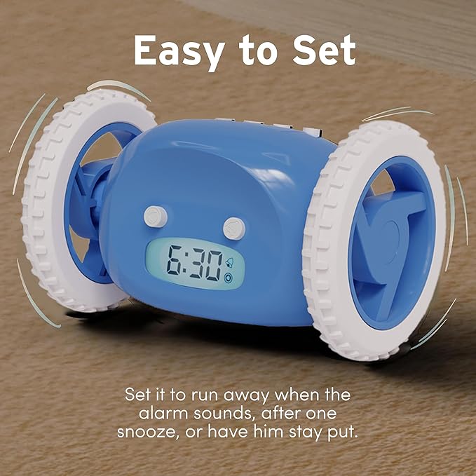 CLOCKY Extra Loud Alarm Clock for Heavy Sleepers on Wheels Rolls Runs Away Vibrating Easy to Set Super Smart Snooze Digital Bed Shaker Alarm Clock Funny Gift for Adults Kids Teens Bedrooms (Blue)