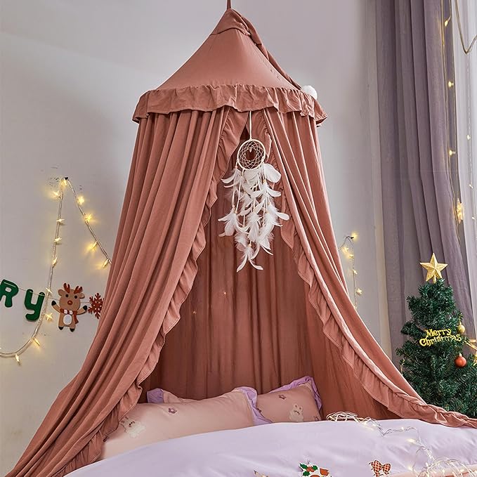 VETHIN Bed Canopy for Girls,Princess Round Dome Dreamy Mosquito Net Bedding Girls Room Castle Play Tent Hanging House Decor Reading Nook Canopies (JujubeRed)