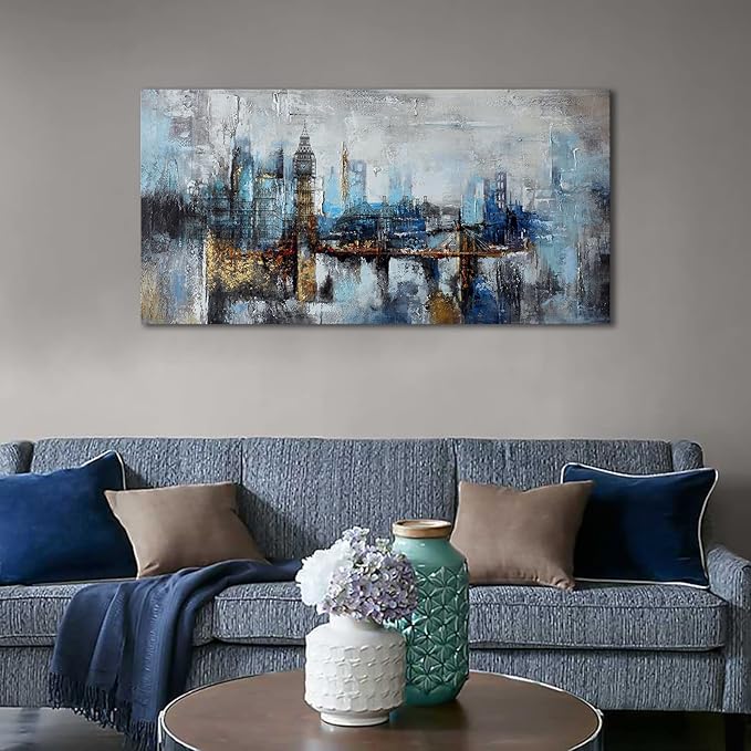Pogusmavi Large Wall Art for Bedroom Abstract City View Canvas Art Modern Home Decor Gray Blue Buildings Prints for Bedroom Wall Art Office Artwork Wall Decor for Living Room Decor 29x58 inches