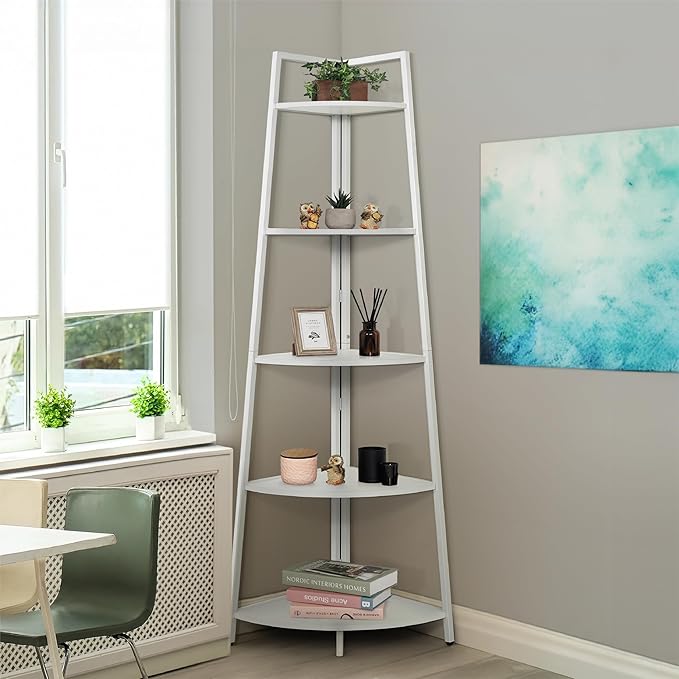 CAPHAUS Tall Corner Shelf Stand, 5-Tier Display Shelves, Ladder Corner Wood Storage Plant Bookshelf with Metal Frame, Versatile Shelving Unit Bookcase for Home Office Space, White