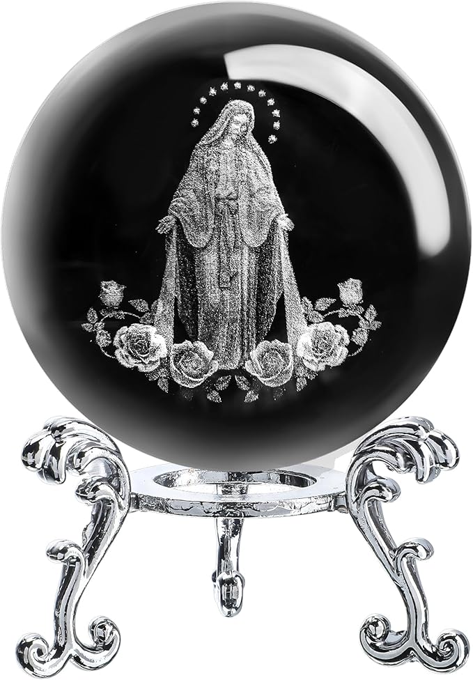 3D The Blessed Virgin Mary Crystal Ball Laser Etched Our Lady of Guadalupe Glass Sphere Statue Mother Mary Christian Catholic Religious Easter Gifts