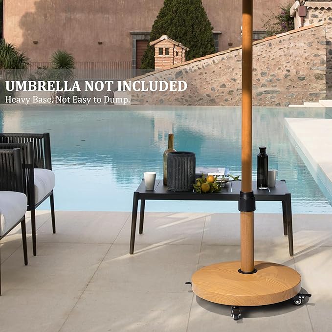 Patio Umbrella Base with 4 Wheels, 44lbs Round Heavy Duty Concrete Stand for Outdoor Market Umbrella, Teak