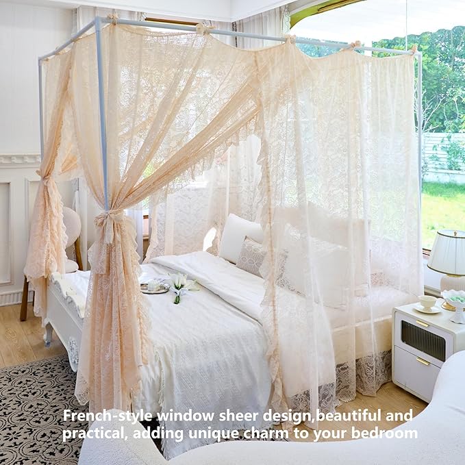 AIKASY Elegant Lace Princess 4-Poster Bed Canopy Mosquito Net - Romantic Wedding Bridal Bedroom Decor, Kids Room Bed Curtain for Women Adults - (Cream-1,King)