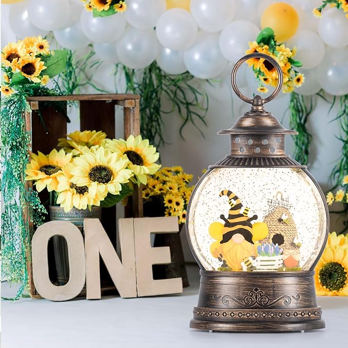 Bee Hive Decor Spring Bee Gnome Light Up Snow Globe 6H Timer Honey Bee Decorations for Spring Decor,Home Shelf Decor,Battery Operated & USB Operated