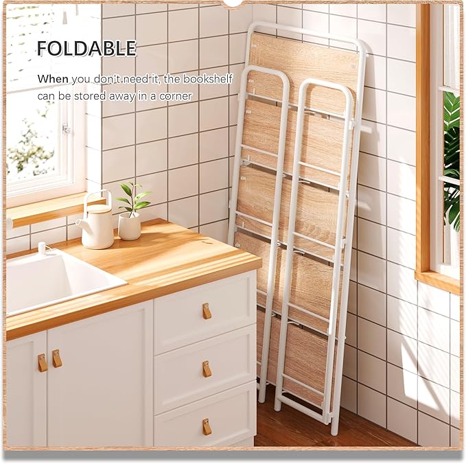 4NM No Assembly Folding Bookshelf, 5 Tiers Collapsible Book Shelves Open Industrial Foldable Storage Bookcase Shelf for Bedroom, Living Room, Home Office - Natural and White