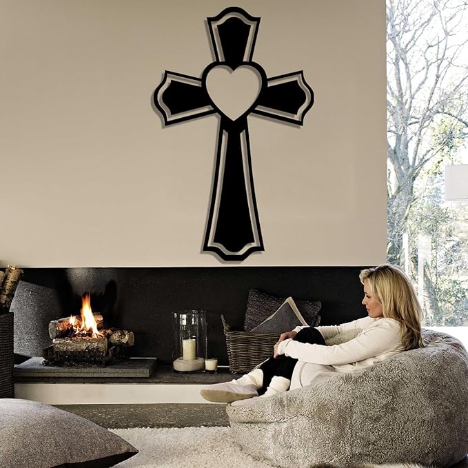 Metal Cross for Wall, Crosses Wall Decor, Cross Heart Metal Wall Art, Christian Wall Decor, Christian Cross Wall Decor, Religious Wall Decor, Faith Wall Decor, Spiritual Wall Decor (Black, 48"x30" | 121x76cm, metal wall art)
