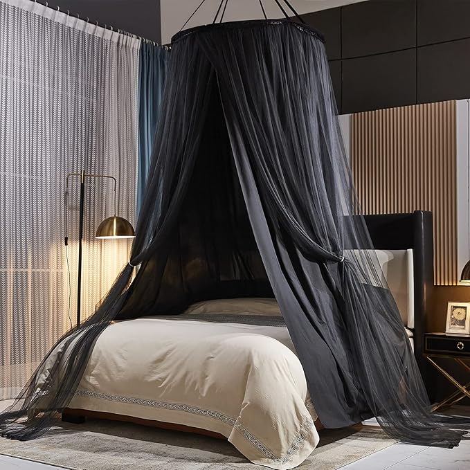 Kertnic Luxurious Bed Canopy for Girls & Adults - Double Layer Princess Canopy with Lace, Round Dome Mosquito Netting for Queen/King Bed Tent (Black)