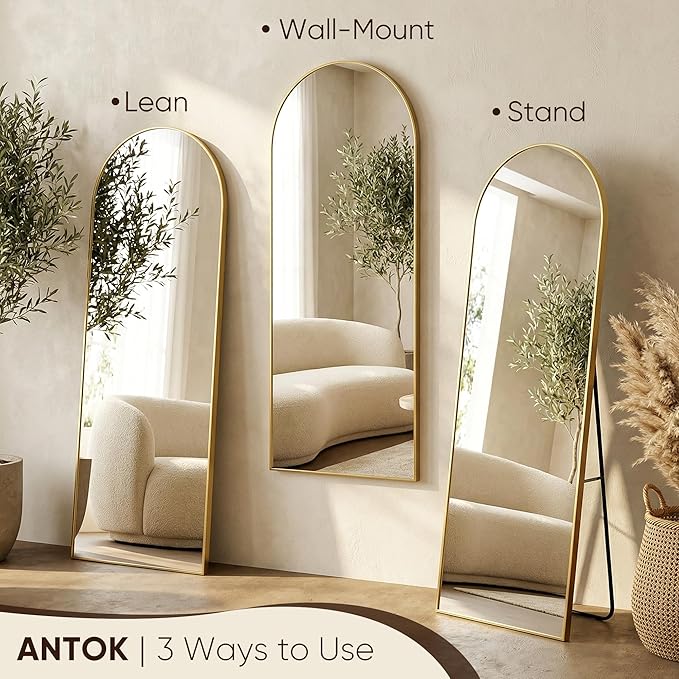 Antok Full Length Mirror, 78"x38" Floor Mirror, Arched Floor Standing Freestanding Arch Full Body Mirrors with Stand for Bedroom, Hanging Mounted for Living Room Cloakroom,Gold