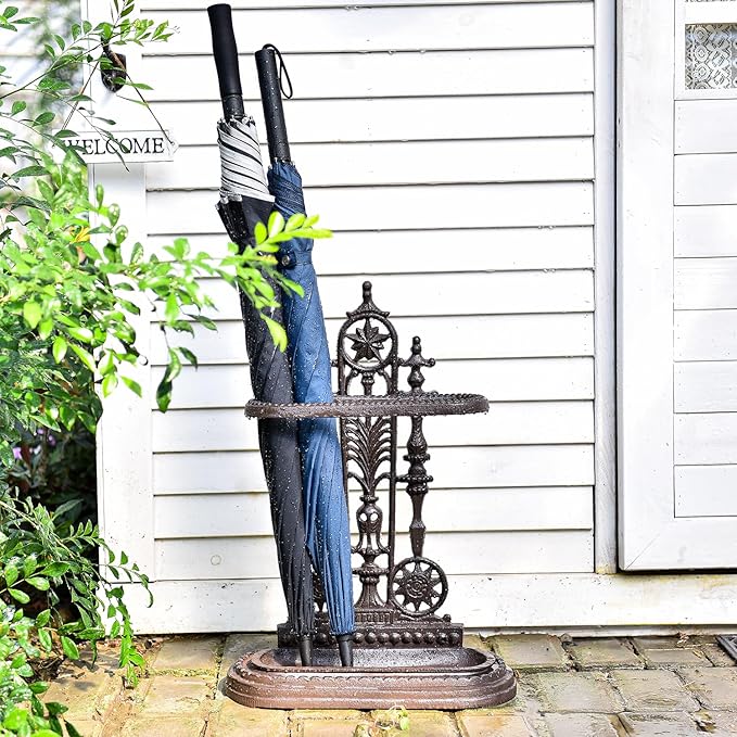 Sungmor Royal Style Cast Iron Umbrella Stand w/Detachable Drip Tray, Heavy Duty Rustic Umbrella Holder for Entryway,Front Door,Hallway,Outside Porch, Decorative Freestanding Umbrella Rack Organizer